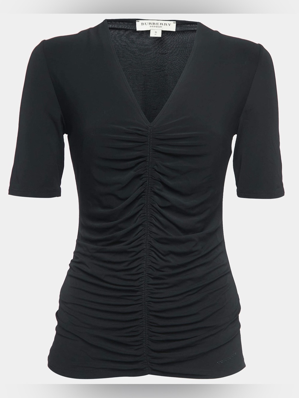 Burberry Black Jersey Knit Ruched V-Neck